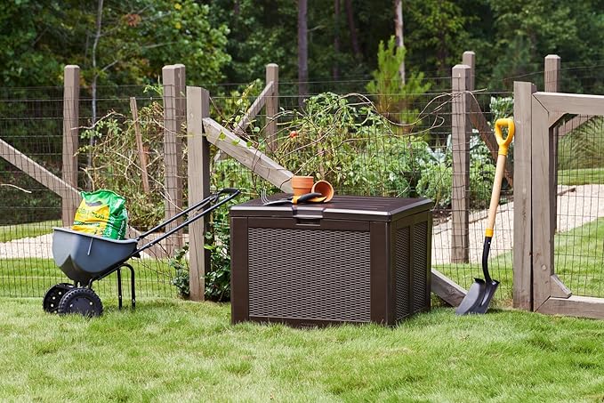 Rubbermaid Medium Resin Outdoor Storage Deck Box (74 Gal) Weather Resistant Brown Deck Organization for Home/Backyard/Pool Chemicals/Toys/Garden Tools/Porch/Patio Cushions Rubbermaid