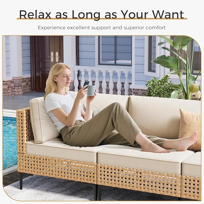 ABCASA Patio Furniture Set, 110" Large 9-Piece Wicker Outdoor Patio Furniture Sets with Anti-Slip Cushions & Coffee Table,Boho Patio Conversation Set Sectional Sofa for Backyard,Porch,Deck,Beige ABCASA