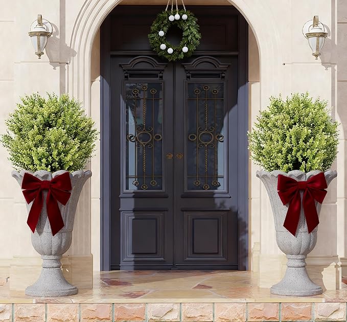23" Tall Planters for Outdoor Plants Set of 2, Planter with Drainage Holes and Petal Design, Large Outdoor Planters for Porch, Garden, Indoor, Grey Rootora