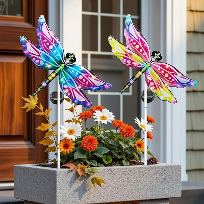 Hexagram Dragonfly Garden Decor, Dragonfly Garden Stakes Set of 2, Gardening Gifts Solar Stake Lights Decorations, Light for Patio Yard Lawn Home Pathway Decor Hexagram