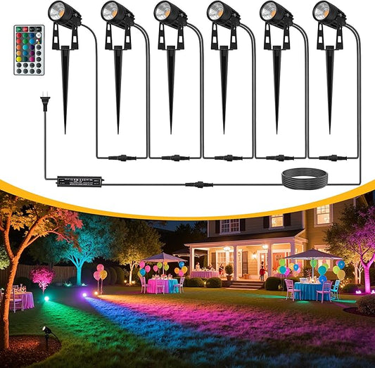 L LOHAS LED RGB Dusk to Dawn Low Voltage Landscape Lighting, IP65 Outdoor Spotlight with Transformers&Remote Control, Color Changing Timing Plug in Spotlights for Yard Backyard Pathway 6Pack LLOHASLED