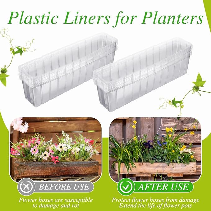 Domensi 25 Pcs Plastic Liners for Planters Planter Box Liner Clear Rectangular Plastic Window Flower Box 16.2" l x 3" W x 3.5" H for Indoor Outdoor Domensi