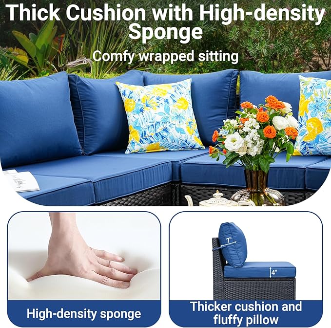 Jing's Villa 6-Piece Patio Furniture Set, All-Weather Outdoor Wicker Sectional Sofa with Cushions, Glass Table & Left and Right Armrest, Rattan Conversation Seating for Porch, Garden, Backyard,Navy JingsVillaOutdoorFurniture