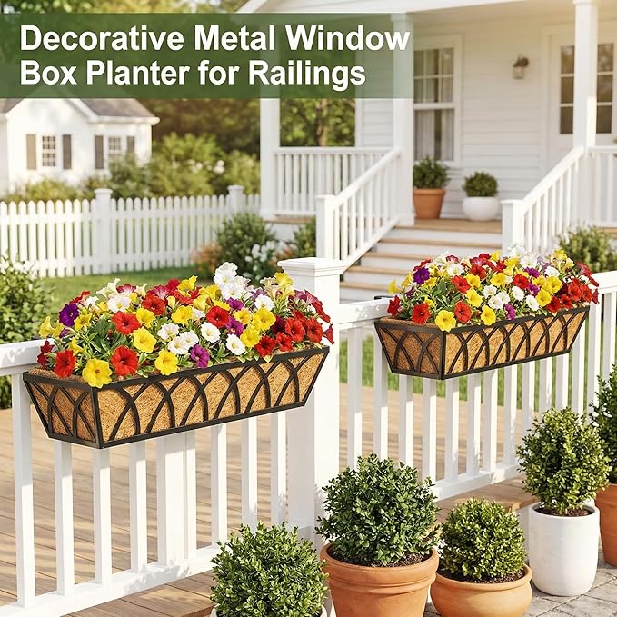 HFHOME 4 Pcs 30" Window Box Deck Railing Planter with Horse Trough Coco Liners, Black Metal Hanging Flower Planters Baskets for Indoor, Outdoor, Balcony, Porch, Fence, Patio, and Lawn HFHOME