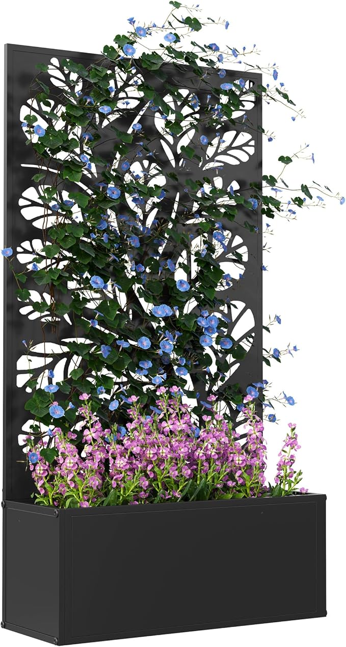 Outsunny Metal Raised Garden Bed with Trellis for Climbing Plants, Freestanding or Wall Mounted Flower Bed with Privacy Panel, Twigs and Leaves Cut-Outs Outdoor Planter Box for Garden, Patio, Balcony Outsunny