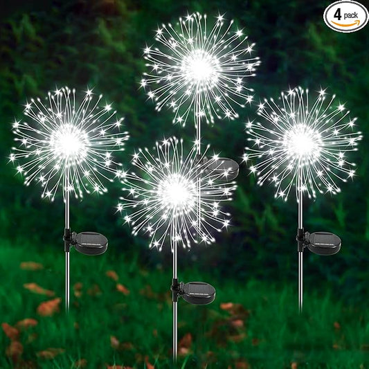 Solar Garden Lights Outdoor, 4 Pack 120 LED Twinkling Firework Lights Decorative with 2 Modes, Outdoor Waterproof Solar Starburst Light for Outside Yard Pathway Garden Decor, White Yaafen