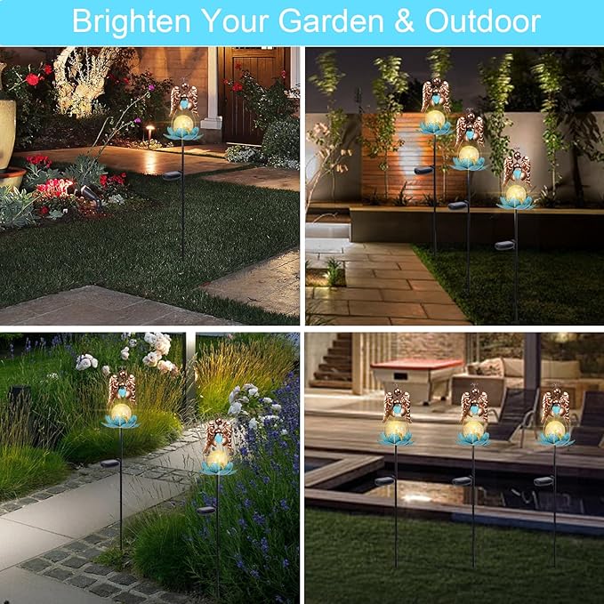 Solar Garden Lights Metal Flower Decor Colorful Solar Pathway Light with LED Cracked Crystal Ball Outdoor Decorative Stake for Patio Yard Lawn Garden Decor (Angel) VCUTEKA
