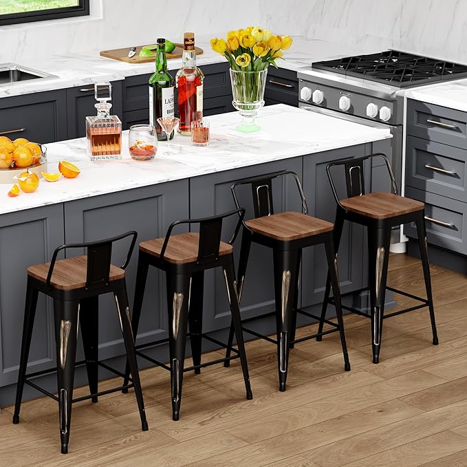 WENTMENT Bar Stools Set of 4 Counter Height Bar Stools Metal Barstools with Removable Back 30" Kitchen Bar Stools with Wooden Seat, Distressed Black WENTMENT