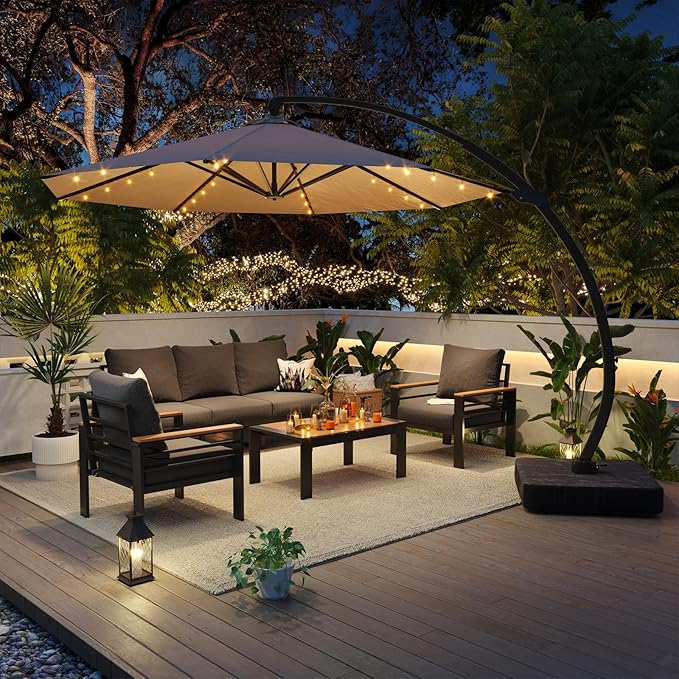 Aoxun Aluminum Patio Furniture Set with Umbrella 5 Seats, Oversized Outdoor Sectional with Washable Thick Cushions, Coffee Table and Waterproof Cover, Patio Conversation Sets for Porch, Balcony, Deck Aoxun