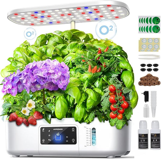 Ahopegarden Hydroponics Growing System Kit Indoor Herb Garden with Grow Light 12 Pods, with LCD Touch Panel Hydroponic Planter, Planting Height Up to 17", Grower Harvest Fresh Veggie Lettuce, White Ahopegarden