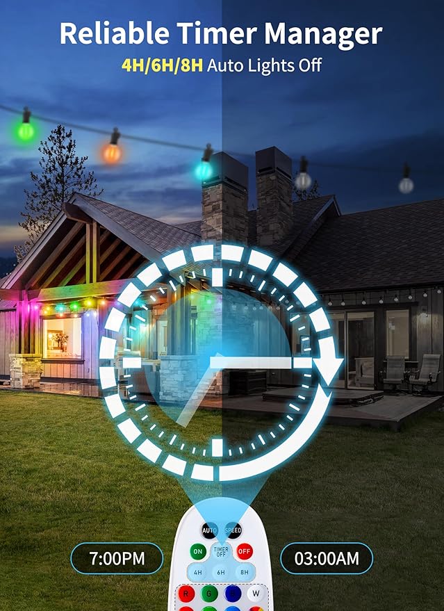 Brightown RGBW Outdoor String Lights, 58FT LED Patio Lights with Remote and Timer, Commercial Grade Waterproof Hanging Lights with 27 Shatterproof Bulbs(2 Spare) for Backyard Porch Garden Party Decor Brightown