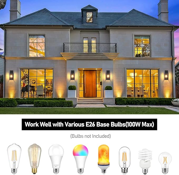 Outdoor Wall Light Fixtures, Exterior Waterproof Wall Lanterns, Porch Sconces Lighting with E26 Sockets & Glass Shades, Modern Matte Black Outside Lights for Patio Front Door Entryway Garage, 2-Pack BringYouBrightFuture