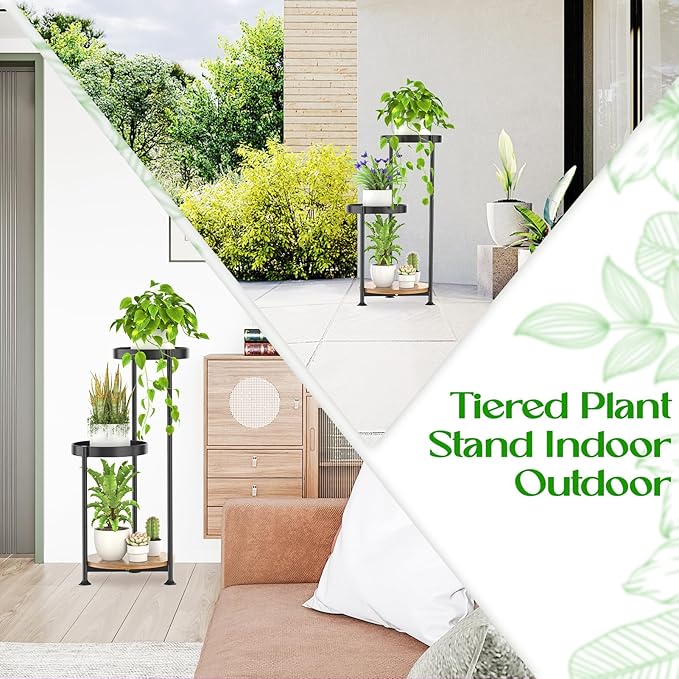 3 Tier Plant Stand Indoor Outdoor, Corner Tierd Metal Flower Shelf Pot Holder Clearance, Tall Multiple Plants Rack Narrow Display Organizer for Patio Orchid Office Porch Living Room Garden,Black Oppro