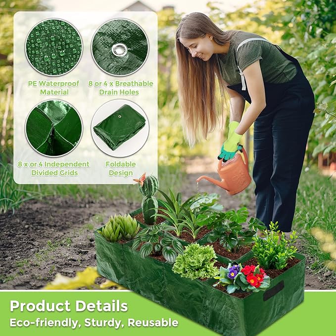 Fabric Raised Garden Bed, 2 Pack 8 Grids and 4 Grids, 128 Gallon Rectangle Grow Bags with Drainage Holes, Breathable PE Planting Containers for Outdoor Vegetables Fruits Flowers LifeisLuck