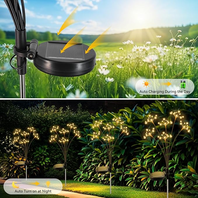JJGoo Solar Garden Lights, New Upgraded 2 Pack Solar Swaying Starburst Light, Waterproof Fireworks Outdoor Lights, Yard Patio Pathway Decoration, Warm White JJGoo