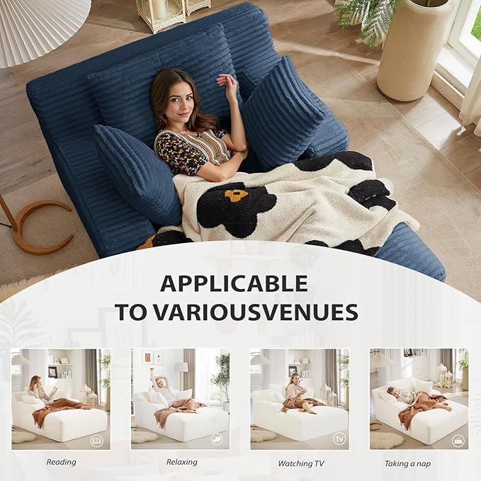 50 Inches Chaise Lounge Indoor, Oversized Chaise Lounge Chair with 3 Throw Pillows and Armrests, Corduroy Upholstered Plush Sofa Bed Lazy Chair Bed Sleeper Chair for Living Room Apartment (Blue) ivoros