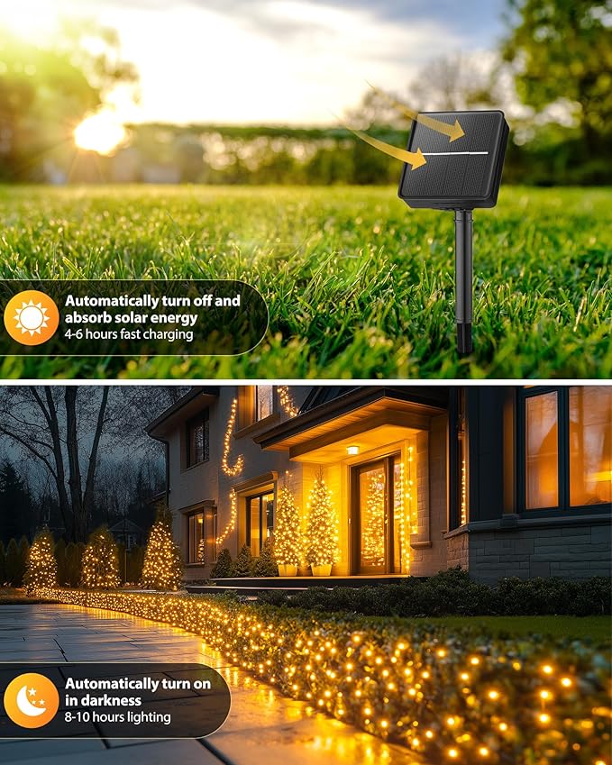 Brightown 4 Pack Solar String Lights for Outside, 184Ft 480 LED Solar Lights Outdoor Waterproof with 8 Modes, Solar Outdoor String Light for Patio Yard Tree Garden Party Decorations, Warm White Brightown