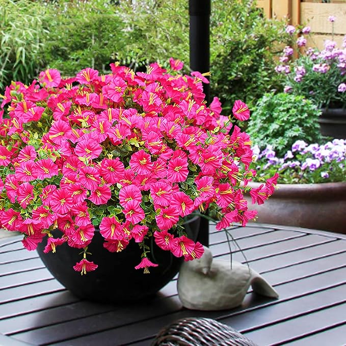 Artificial Flowers for Outdoors, UV Resistant Fake Silk Morning Glory, Realistic Faux Plants for Outside Porch Patio Window Box Hanging Planter (16, Hot Pink) maxkes