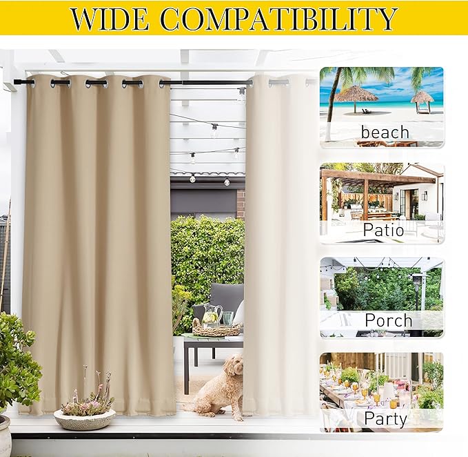 NICETOWN 2 Panels Biscotti Beige Privacy Outdoor Curtains for Patio, Waterproof Thermal Insulated Grommet & Back Tab on Top and Bottom Windproof Drapes with Fixed Rope for Porch, W52 x L120 NICETOWN