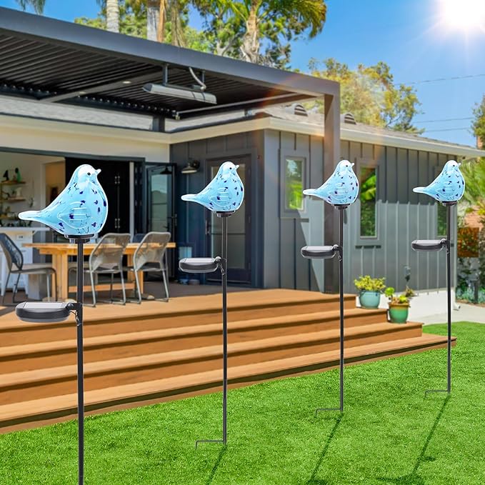 Bshine Solar Garden Decoration Outdoor Bluebird Lights, Hand Blown Glass Waterproof Solar Light Stake Decorate Paths, Pathways, Lawns and Yards Art for Mom Gifts Bshine