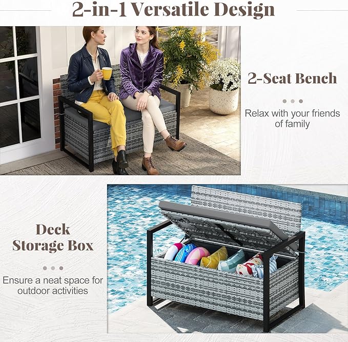 Tangkula 40 Gallon Outdoor Bench with Storage, Patio Wicker Storage Bench with Cushion, Cover, Metal Frame, Deck Box Seat for Backyard, Poolside, Balcony, Garden TANGKULA