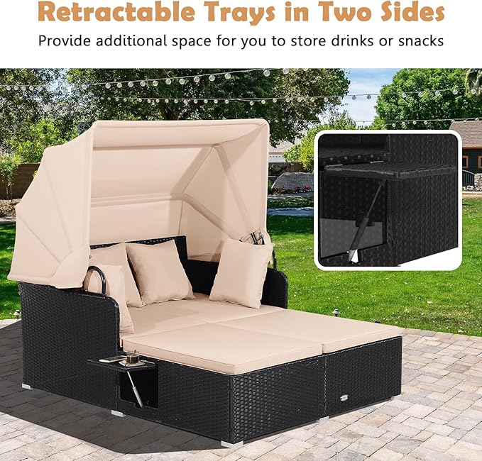 Tangkula Patio Rattan Daybed with Retractable Canopy, Outdoor Wicker Sunbed Lounger with 2 Foldable Side Tables, Thick Seat & Back Cushions, Outside Double Daybed for Garden, Backyard, Porch TANGKULA