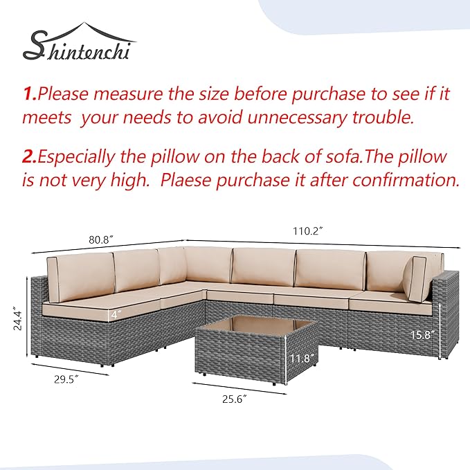 Shintenchi 7 Pieces Outdoor Patio Sectional Sofa Couch, Silver Gray PE Wicker Furniture Conversation Sets with Washable Cushions & Glass Coffee Table for Garden, Poolside, Backyard (Khaki) Shintenchi