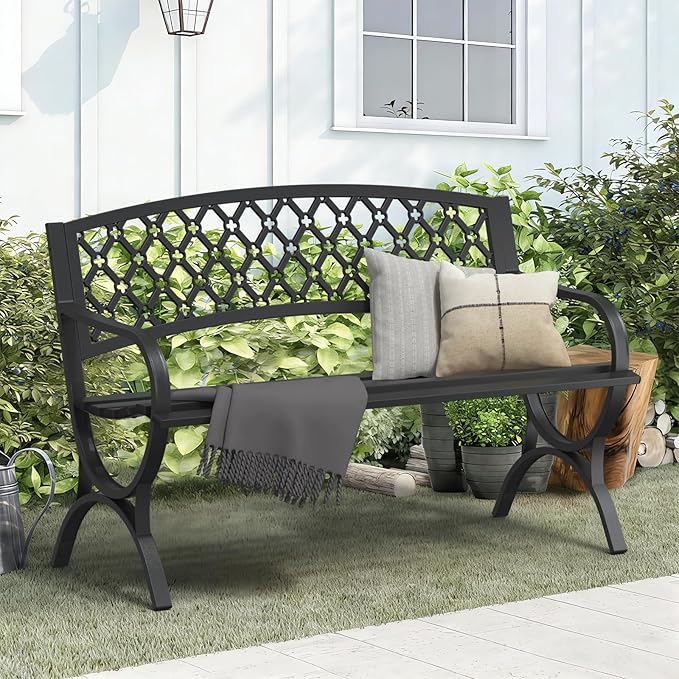 On Shine 50'' Patio Garden Bench, Loveseats Patio Park Bench,Black Steel Cast Iron Frame Bench,Metal Bench Outdoor for Porch Yard Lawn Deck (Grid) Rootora