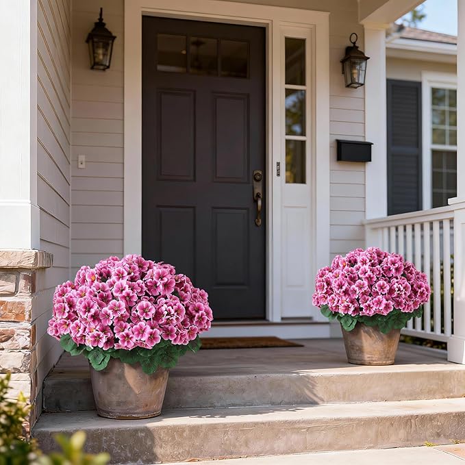 2 Pack Artificial Geranium Flowers Topitary Trees for Outdoors, UV Resistant Geraniums Potted Bushes Look Real Silk Faux Plants for Front Door Garden Porch Planter Farmhouse Home Decor (Pink) GLIDLION
