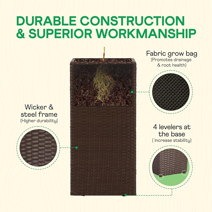 IDZO All-Weather Wicker Planters, Set of 2, 24 in Tall Wicker Planters, Self-Watering with Drainage, Durable PP Material, Raised Garden Bed Alternative, Indoor Outdoor Use, Modern Rattan Design Idzo