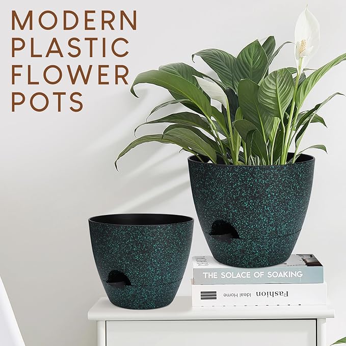 Plant Pots 10/9/8/7.5/7 inch, Self Watering Planters with Drainage Holes & Saucers for Indoor and Outdoor Plants (Green Speckles) AFamilyofGardenLovers