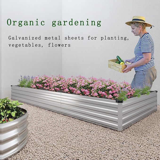8×2×1FT(2PCS) Galvanized Raised Garden Bed Kit, Metal Planter Boxes，Large Outdoor Planters Garden for Planting Vegetables,Flowers,Herbs -Silver ZUNUDA