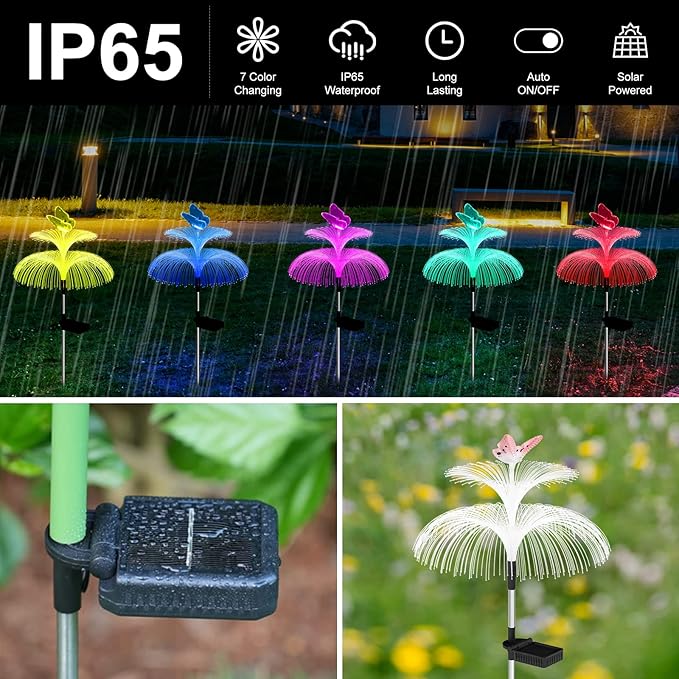 Solar Garden Lights Waterproof 3 Pack Solar Lights Outdoor Decorative 7 Color Changing Double Jellyfish and Butterfly Flower Garden Decor Yard Christmas Pool Outdoor, Gifts for Mother's Women Weepong