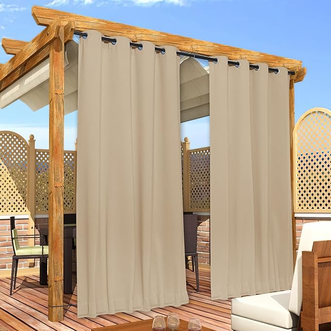 NICETOWN 2 Panels Biscotti Beige Privacy Outdoor Curtains for Patio, Waterproof Thermal Insulated Grommet & Back Tab on Top and Bottom Windproof Drapes with Fixed Rope for Porch, W52 x L120 NICETOWN