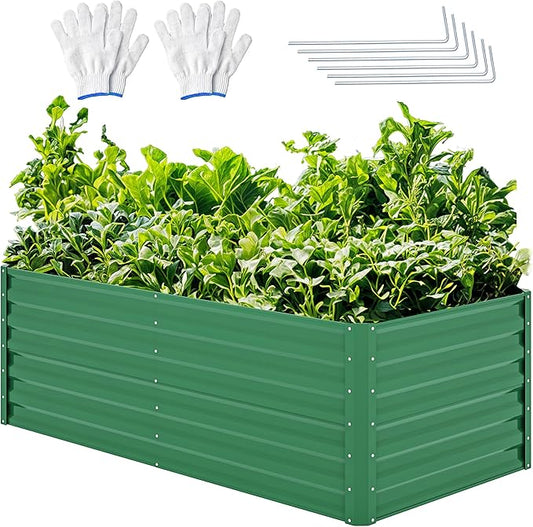 YITAHOME 6x3x2ft Outdoor Raised Garden Bed Kit, Large Metal Patio Planter Box with Gloves, Support Rod for Plants Vegetables Flowers, Green YITAHOME