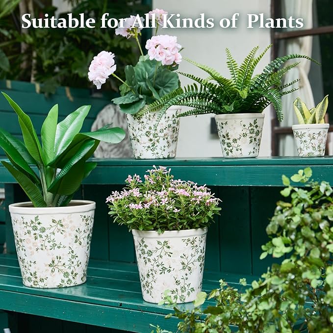 Ceramic Planter with Drainage Hole, Plastic Tray & Mesh, 6 Inch - Indoor/Outdoor Flower Pot for Orchids, Succulents, Green Floral Modern Farmhouse Décor for Home,Office and Garden, Ideal Gift TEWEIQI