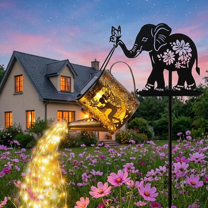 Solar Watering Can Lights Outdoor Decor with Elephant Stake & Fairy Silhouettes, Cascading String Lights for Garden, Patio, Yard - Waterproof Solar Powered Gift for Mom, Housewarming, Birthday Tremdwoto