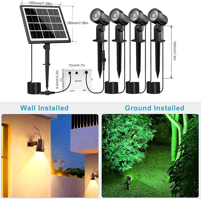 MEIHUA Solar Spot Lights Outdoor Color Changing, 4 in 1 Landscape Lighting RGB Spotlights with Remote Control, IP66 Waterproof Solar Lights Outdoor Garden for Pathway Yard Pool Tree MEIHUA