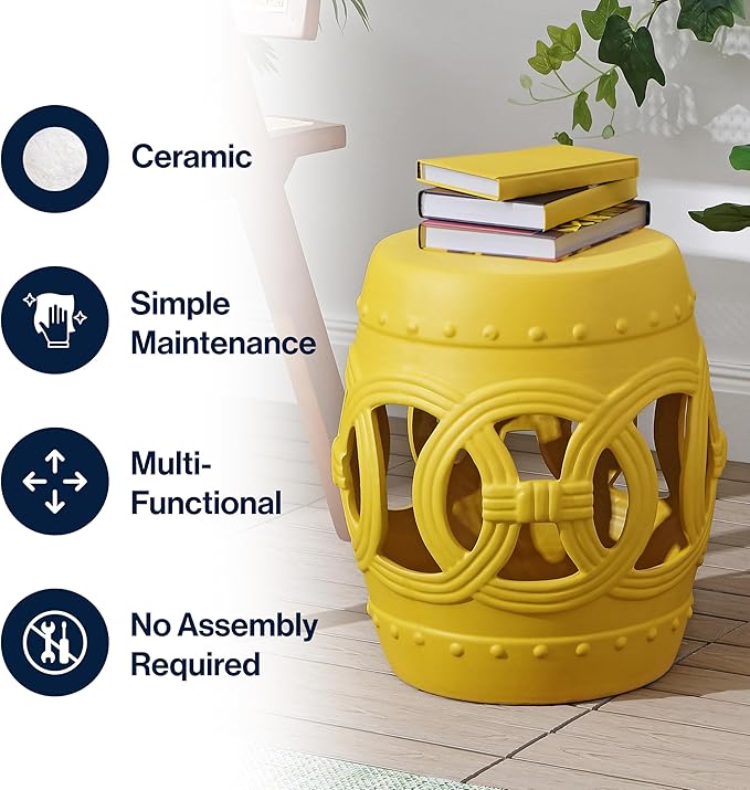 JONATHAN Y TBL1022E Lucky Coins 16" Chinese Ceramic Drum Indoor/Outdoor Garden Stool Bohemian, Coastal, Cottage, French Country, Traditional, for Living Room, Garden Room, Patio, Matte Yellow JONATHANY