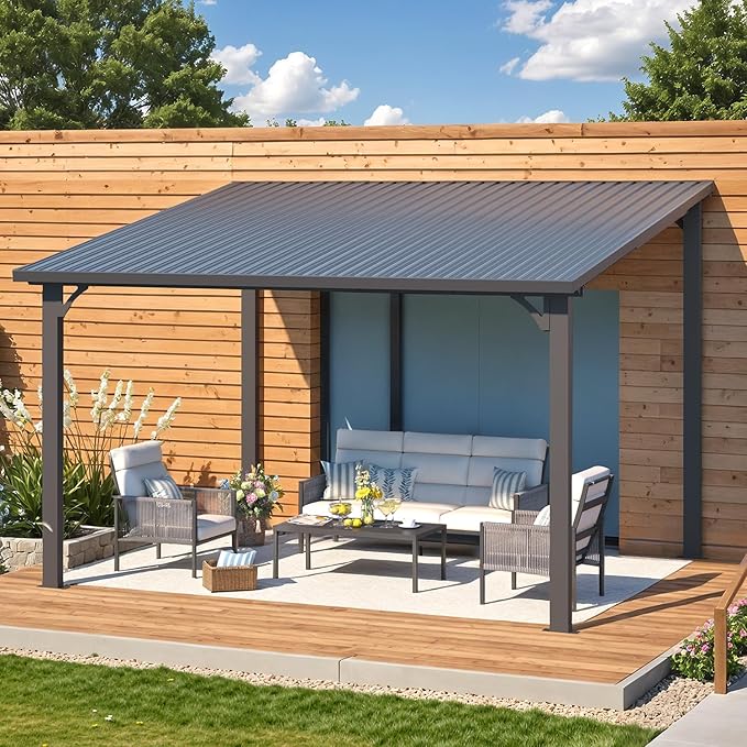 AECOJOY 12' x 10' Outdoor Hardtop Pergola Gazebo for Patio, Large 10x12 Galvanized Steel Heavy Duty Lean to Gazebo, Wall-Mounted Pergolas and Gazebos Clearance, Metal Patio Roof Awnings for Backyard AECOJOY