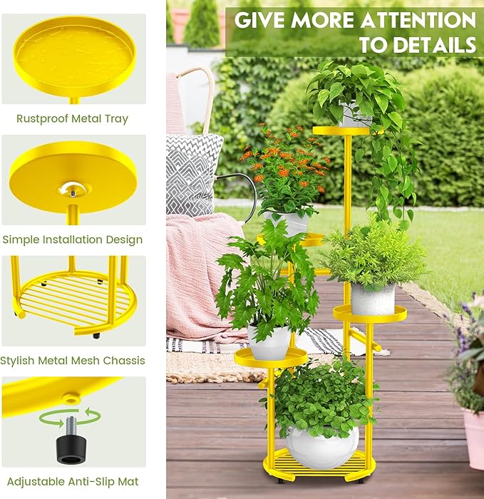 TOSKING 5 Tier Metal Plant Stand Indoor， Plant Shelf, Corner Shelf Flower Pot Stand for Outdoor Plant Stand for Living Room Balcony Garden Patio Bedroom (yellow, 38in) TOSKINGESSENCE