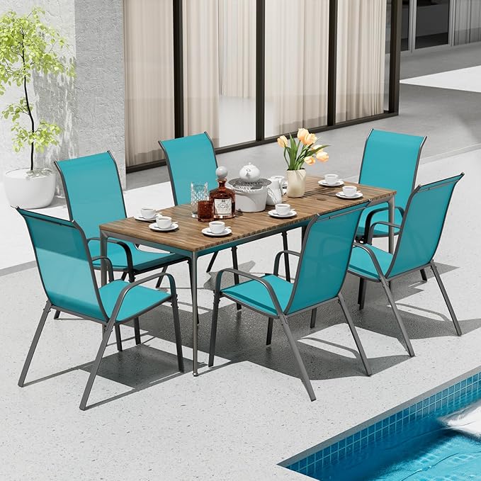TLSUNNY Patio Chairs, Stackable Textilene Outdoor Dining Furniture for All Weather, with 17.7″ Wide Seat & Metal Frame, for Garden, Backyard, Deck, Restaurant, Poolside (6, Turquoise Blue, 24.6″) TLSUNNY