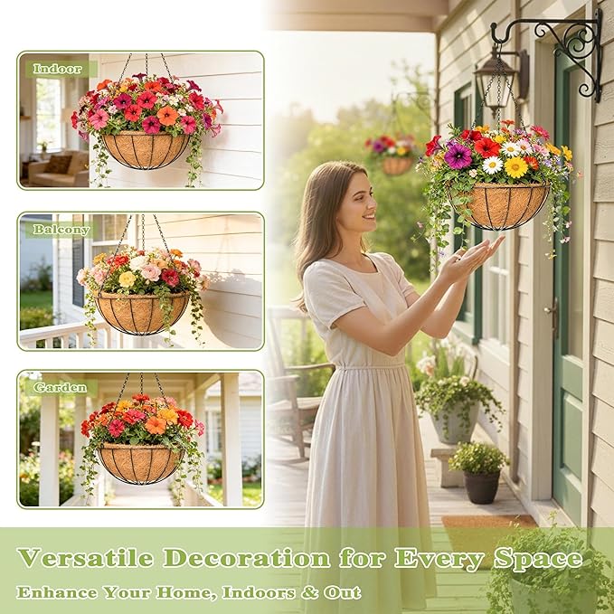 4 Pack 12 Inch Hanging Baskets for Plants Outdoor Metal Hanging Planter Hanging Flower Baskets with Coco Fiber Liners Chain Round Wire Plant Holder Hangings Flower Pots(Watermelon) Qusuxi