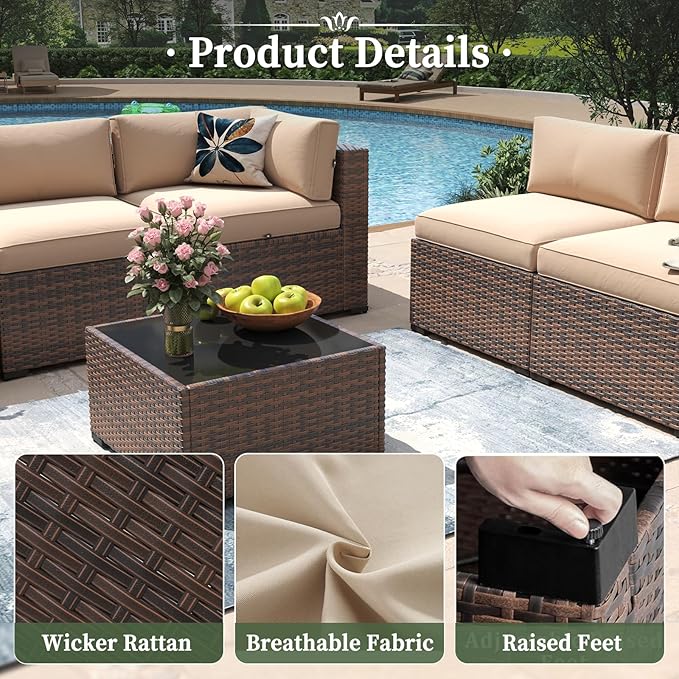 Aoxun 10 Piece Patio Furniture Set Wicker Rattan Patio Conversation Set Outdoor Sectional Sofa Set with Coffee Table and 4” Thickened Cushions, Beige(Waterproof Cover Included) Aoxun