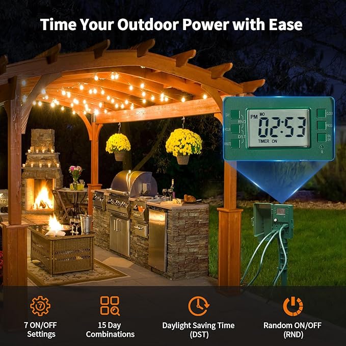 SURAIELEC Outdoor Power Stake, 7-Day Programmable Digital Timer, Power Strip Weatherproof, 6 Multi Plug Electrical Outlet Waterproof, 6FT Extension Cord, for Outside Yard Light, Christmas Decorations SURAIELEC