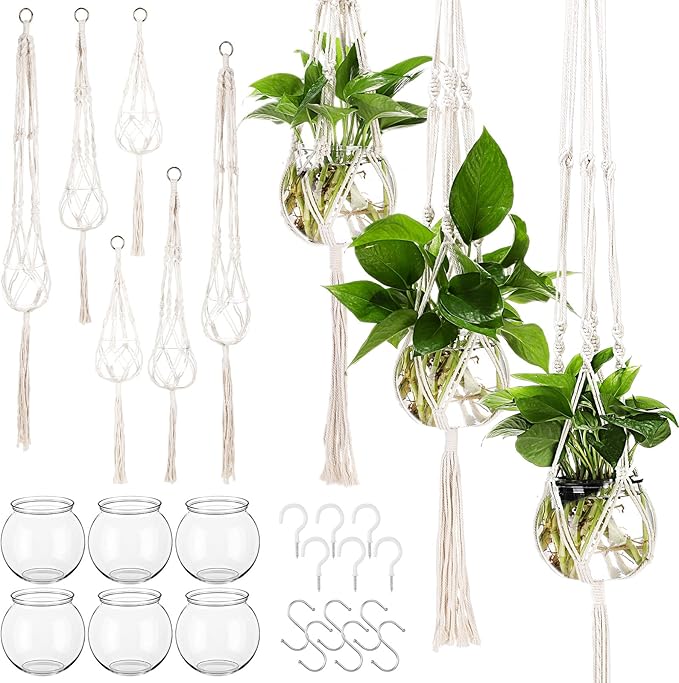 6 Pcs Boho Macrame Plant Hanger with Small Plastic Pot Hanging Plant Holder Wall Planter Propagation Station Include Hooks Kit for Indoor Home Garden Office Decor 3 Size (White) Colingmill