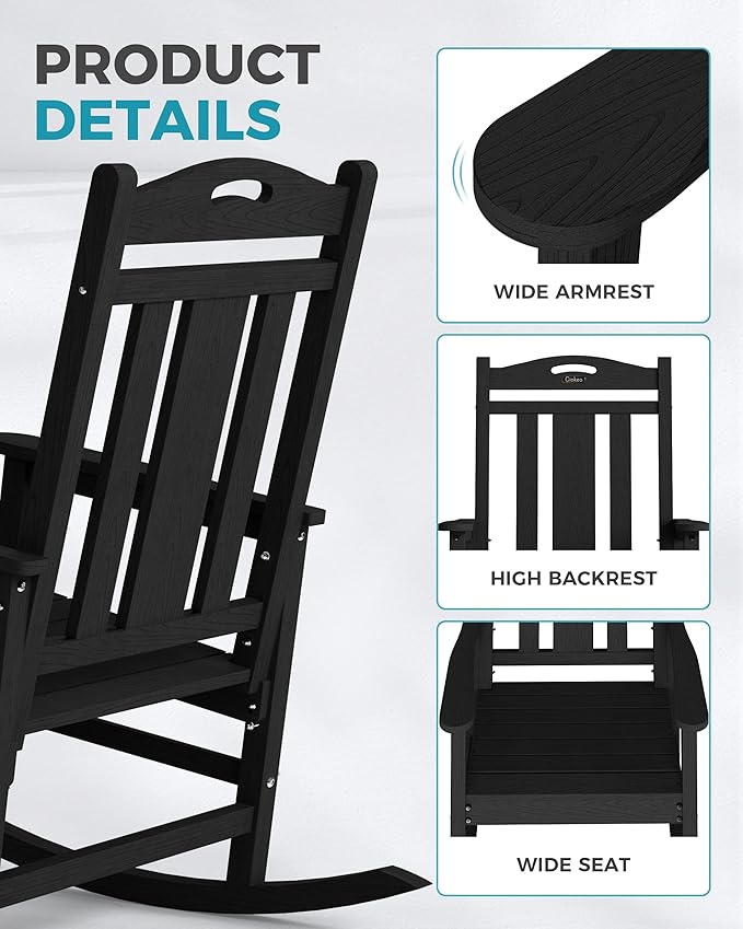 Ciokea Oversized Outdoor Rocking Chairs Set of 4, 380lbs Heavy-Duty Large Patio Rocker, High Back Cozy Porch Chairs, Weather Resistant Patio Rocking Chairs for Outside, Fire Pit, Deck, Black CIOKEA