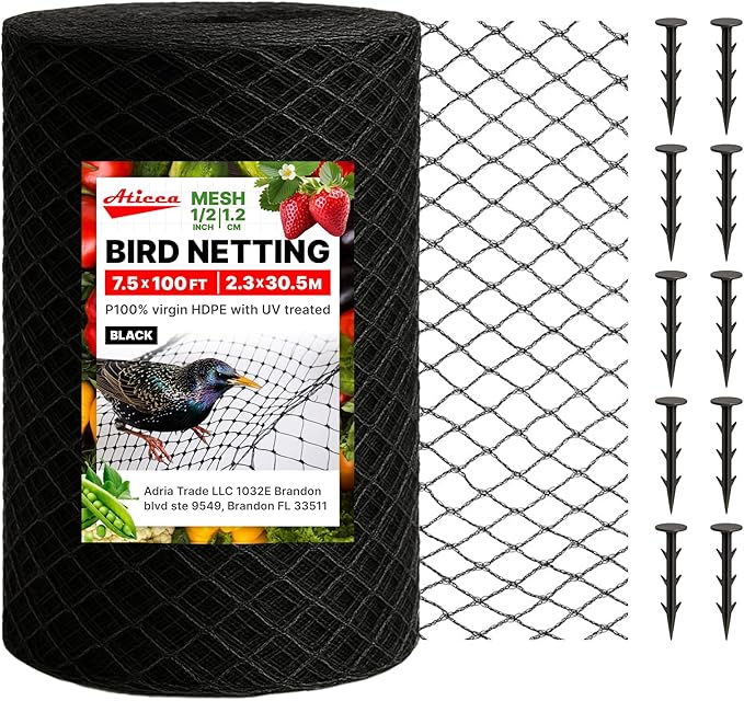 Heavy Duty Bird Netting for Garden Protection & Fruit Trees, 7.5x100 Ft with 10 Stakes – Black Anti-Bird Net for Poultry, Deer, & Squirrel Protection, Durable Nylon Mesh for Garden and Yard Use Aticca