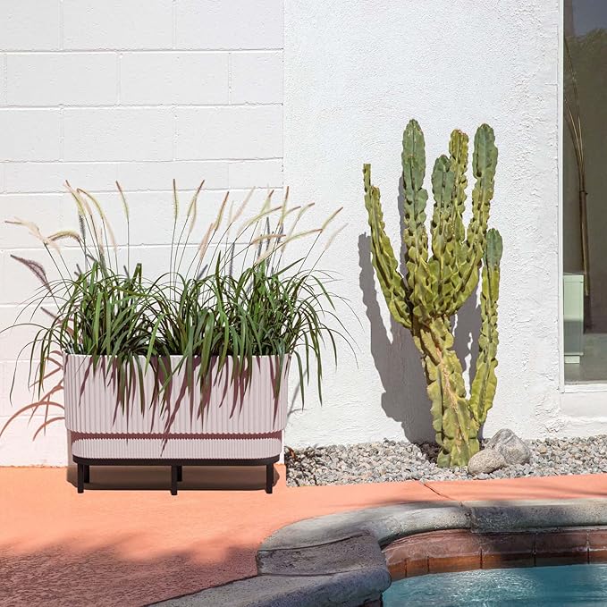 Veradek Demi Series Raised Long Planter for Indoor/Outdoor Use | Made from Plastic & Stone w/Wooden Stand | Modern Patio Décor for Flowers/Shrubs VeradekOutdoor