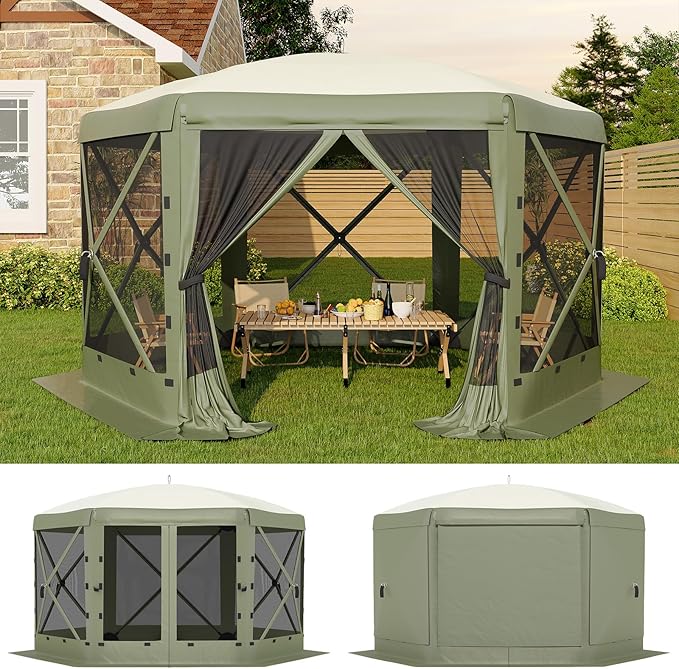 11.5x11.5FT 6-Sided Pop Up Gazebo Tent，One-Push Setup Canopy Tent with Mesh Panels & Removable Wind Cloths, Outdoor shelter for Camping, Backyard Parties, Outdoor Events - Army Green GarveeLife